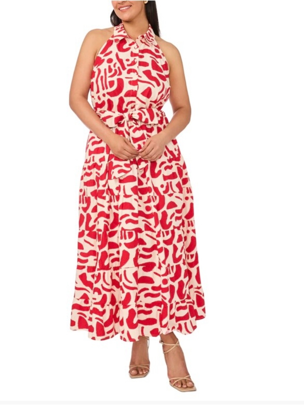 MSK Red and Cream Abstract Halter Maxi Dress